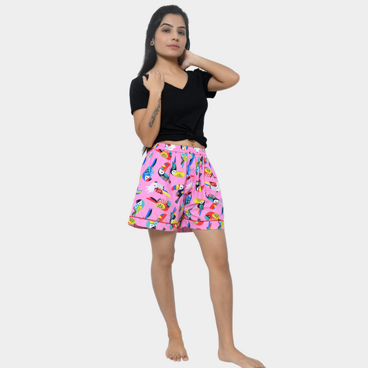 Multicolor Bird Printed Cotton Shorts for Girls