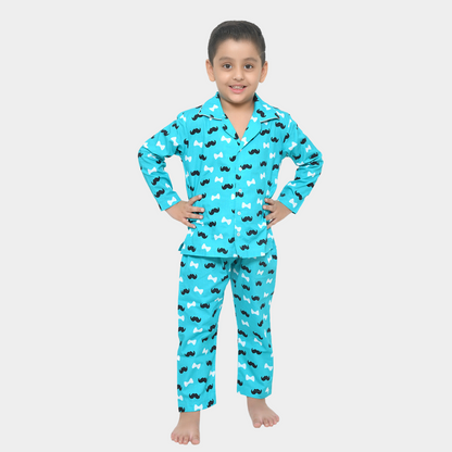 Blue Moustache Printed Cotton Night Dress for Boys