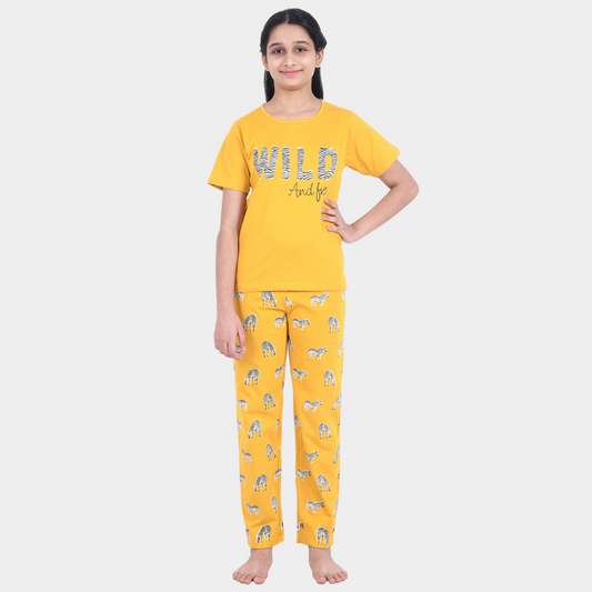 Mustard Zebra Printed Cotton Nightwear for Girls
