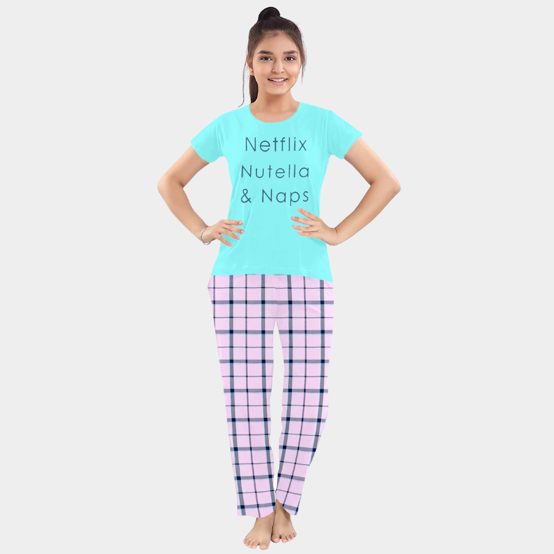 Blue Checks Printed Cotton Night Suit for Girls