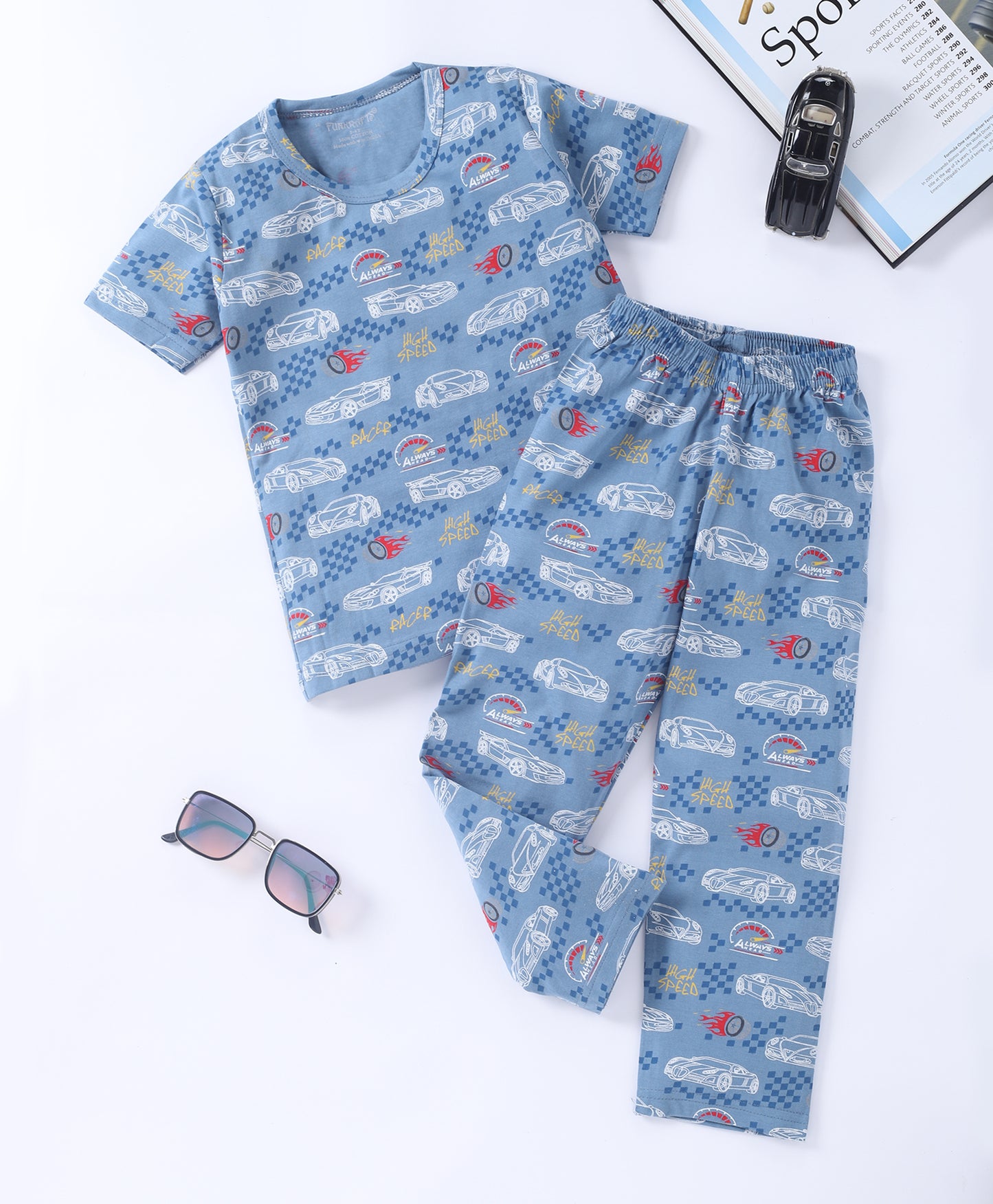 Blue Racing Car Printed Cotton Co-ord Set for Boys