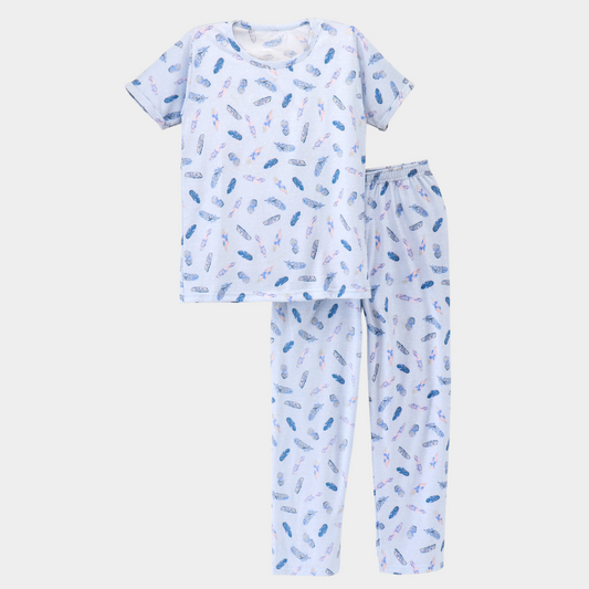 Blue Feather Printed Cotton Night Suit for Girls