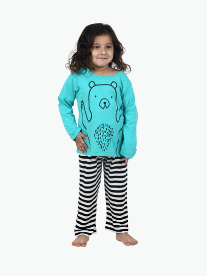 Turquoise Blue Printed Cotton Kids Night Suit