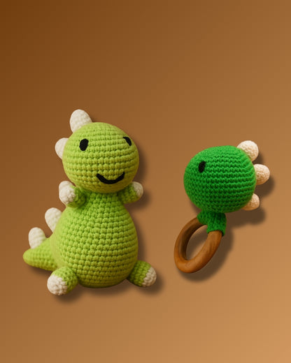 Handmade Crochet Dinobuddy Toy and Rattle Set for Kids Soft and Safe