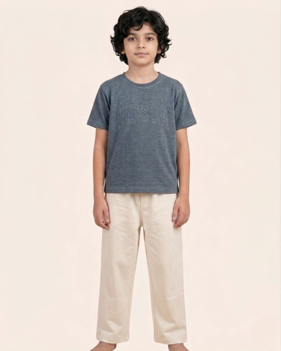 Navy Blue Stone Wash Solid T-Shirt with Off-White Bottom for Boys