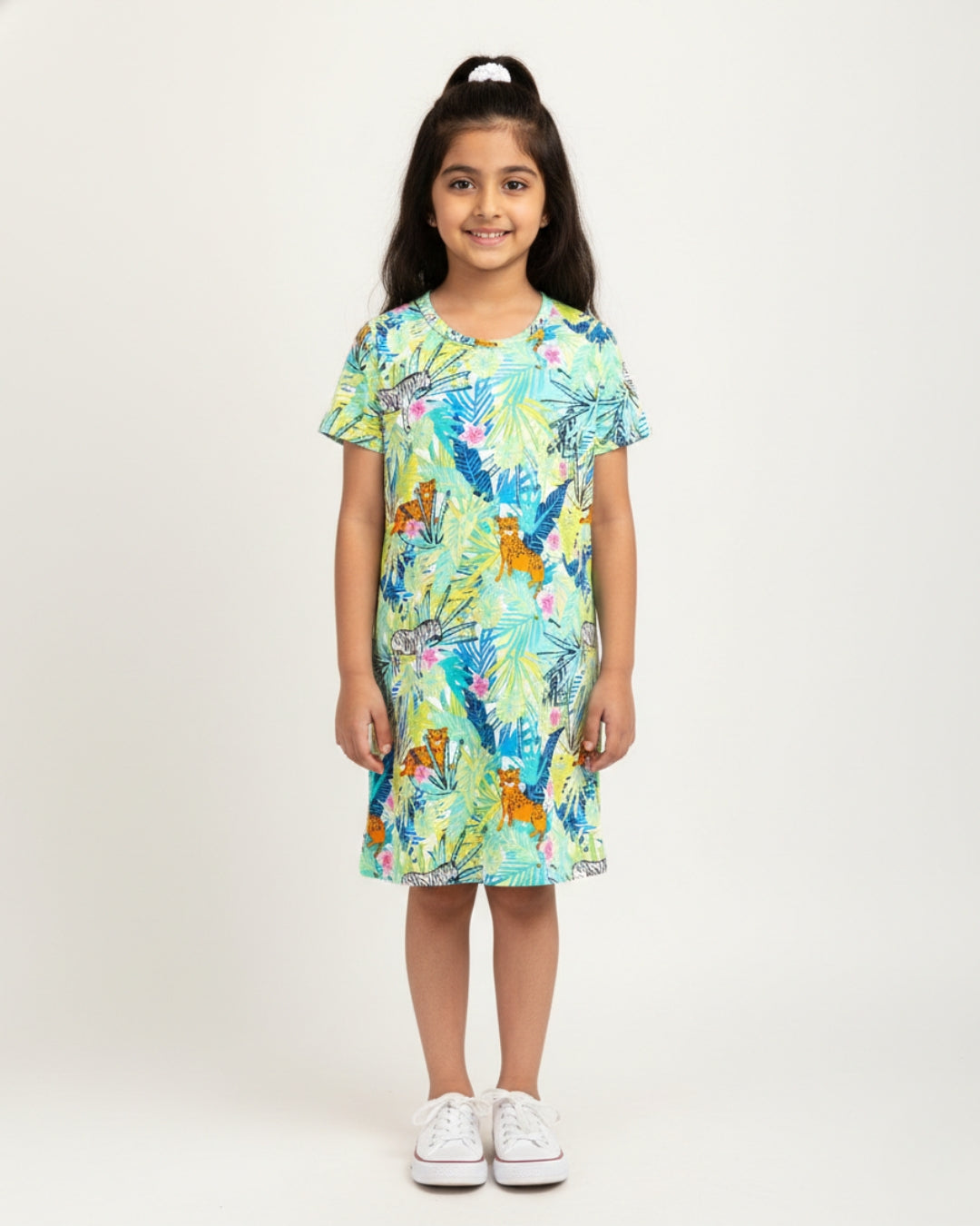 Multicolor Jungle Print Cotton Night Dress for Girls
