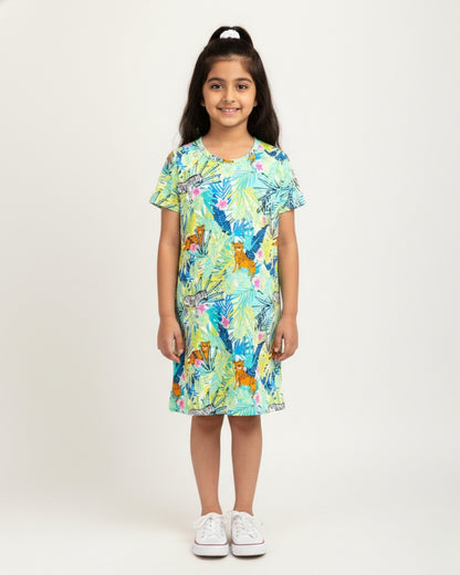 Multicolor Jungle Print Cotton Night Dress for Girls