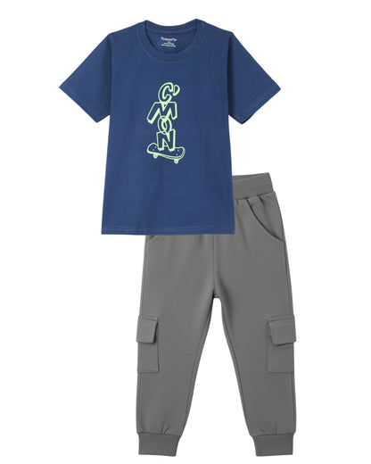Graphic Printed Premium Cotton Half Sleeves Blue T-Shirt with Grey Jogger for Boys