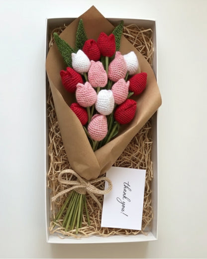 Handmade Crochet Red, Pink & White Tulip Bouquet