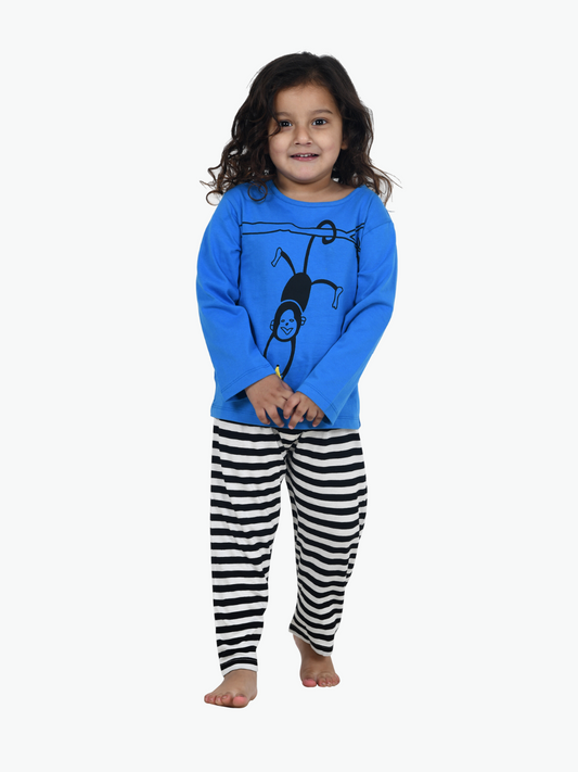 Blue Printed Cotton Night Dress for Kids