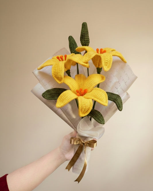 Handmade Crochet Premium Organic Thread Yellow Lily Bouquet