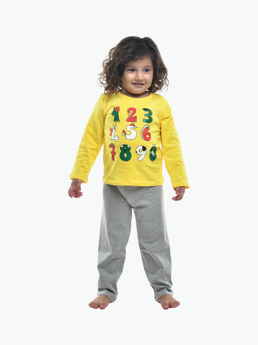 Yellow & Grey Numbers Printed Cotton Kids Night Suit