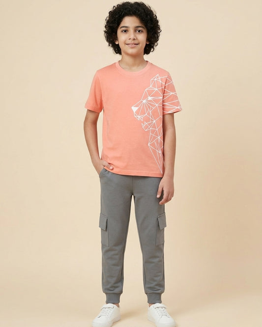 Tiger Printed Premium Cotton Half Sleeves Peach T-Shirt with Grey Jogger for Boys