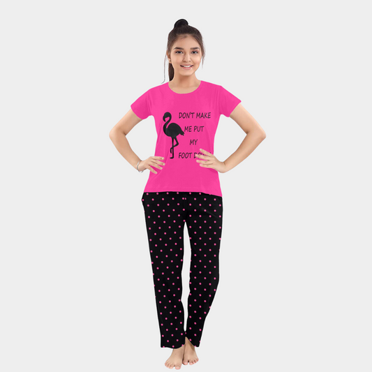 Pink & Black Flamingo Printed Cotton Night Suit for Girls