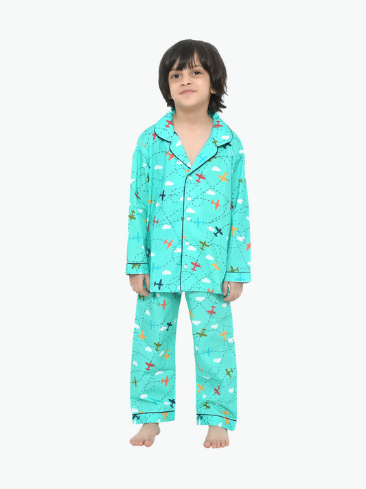 Green Airplane Printed Cotton Kids Night Suit