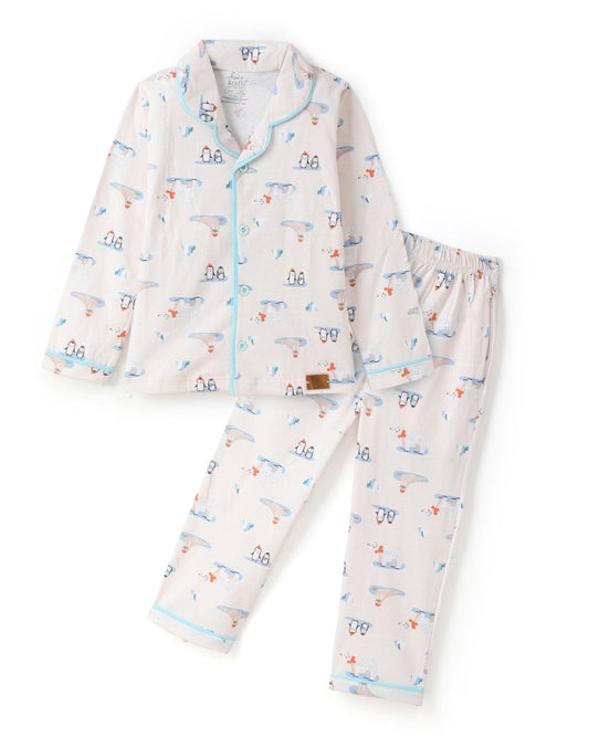 Penguine Printed Premium Cotton Full Sleeves Collor Style White Nightsuit for Girls & Boys