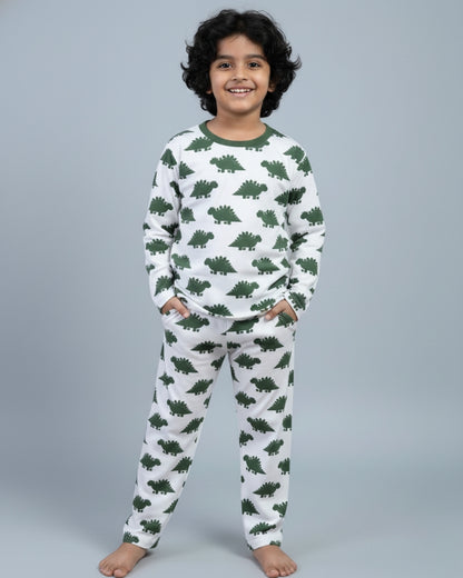 Dinosaur Printed Premium Cotton Full Sleeves White & Green T-Shirt & Pyjama Set for Kids