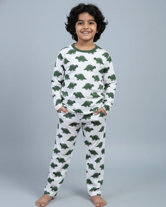 Dinosaur Printed Premium Cotton Full Sleeves White & Green T-Shirt & Pyjama Set for Kids