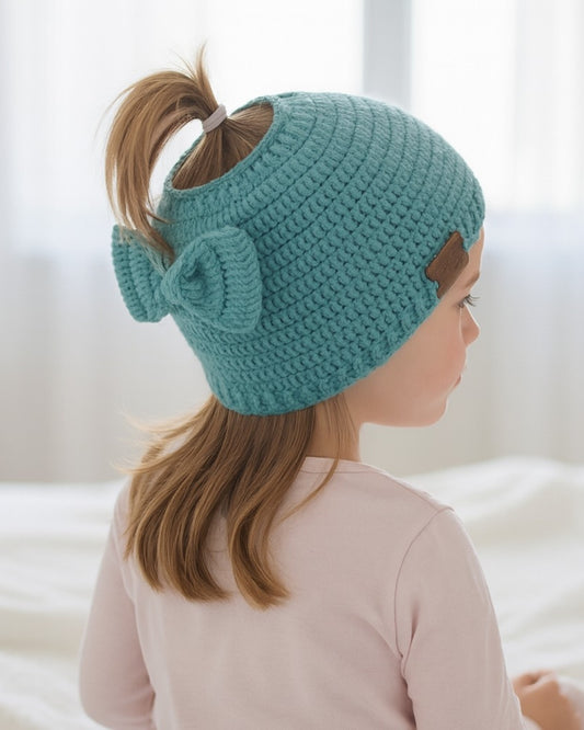 Green Self Design Beanie Bow Handmade Knitted Woollen Cap for Girls