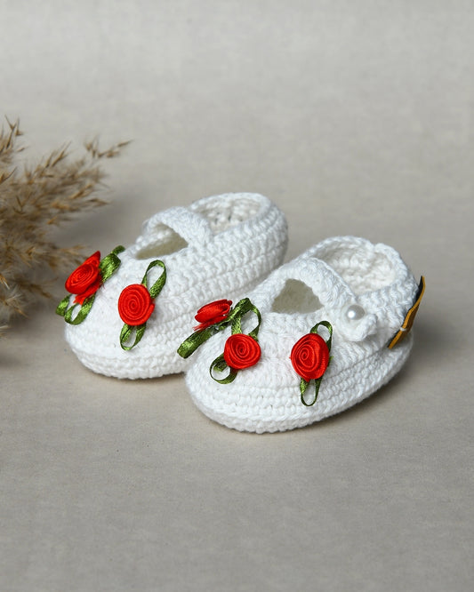 White Handmade Organic Thread Crochet Booties with Red Floral Embellishment for Girls