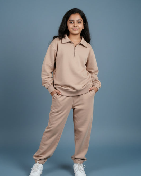 Brown Premium Cotton Full Sleeves Solid lapel Collar Jogger Set for Girls