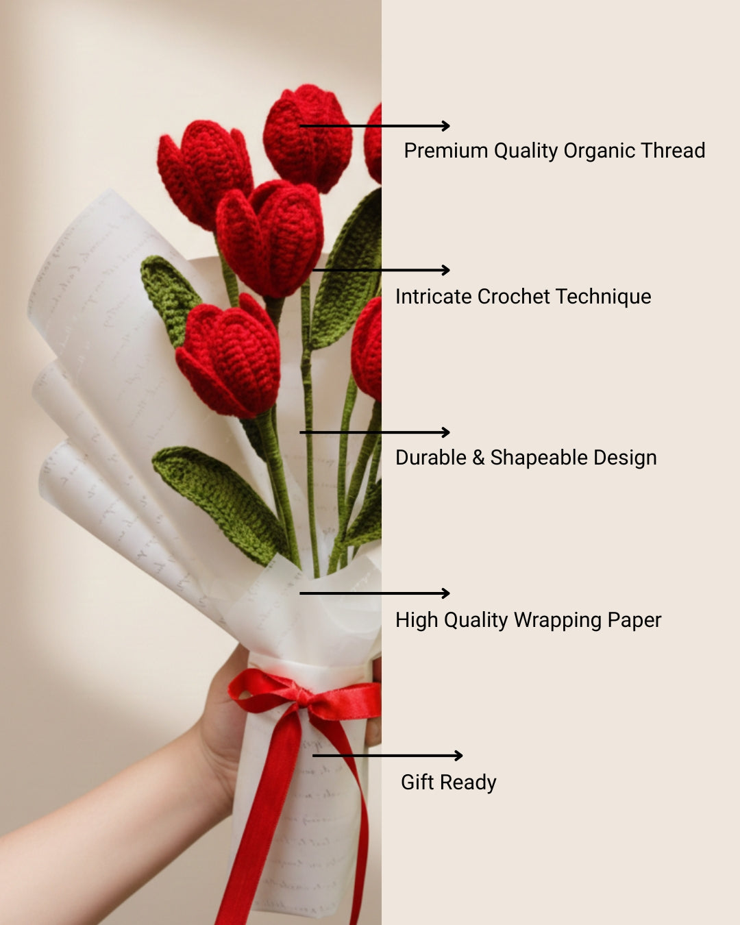 Handmade Crochet Premium Organic Thread Red Tulip Bouquet