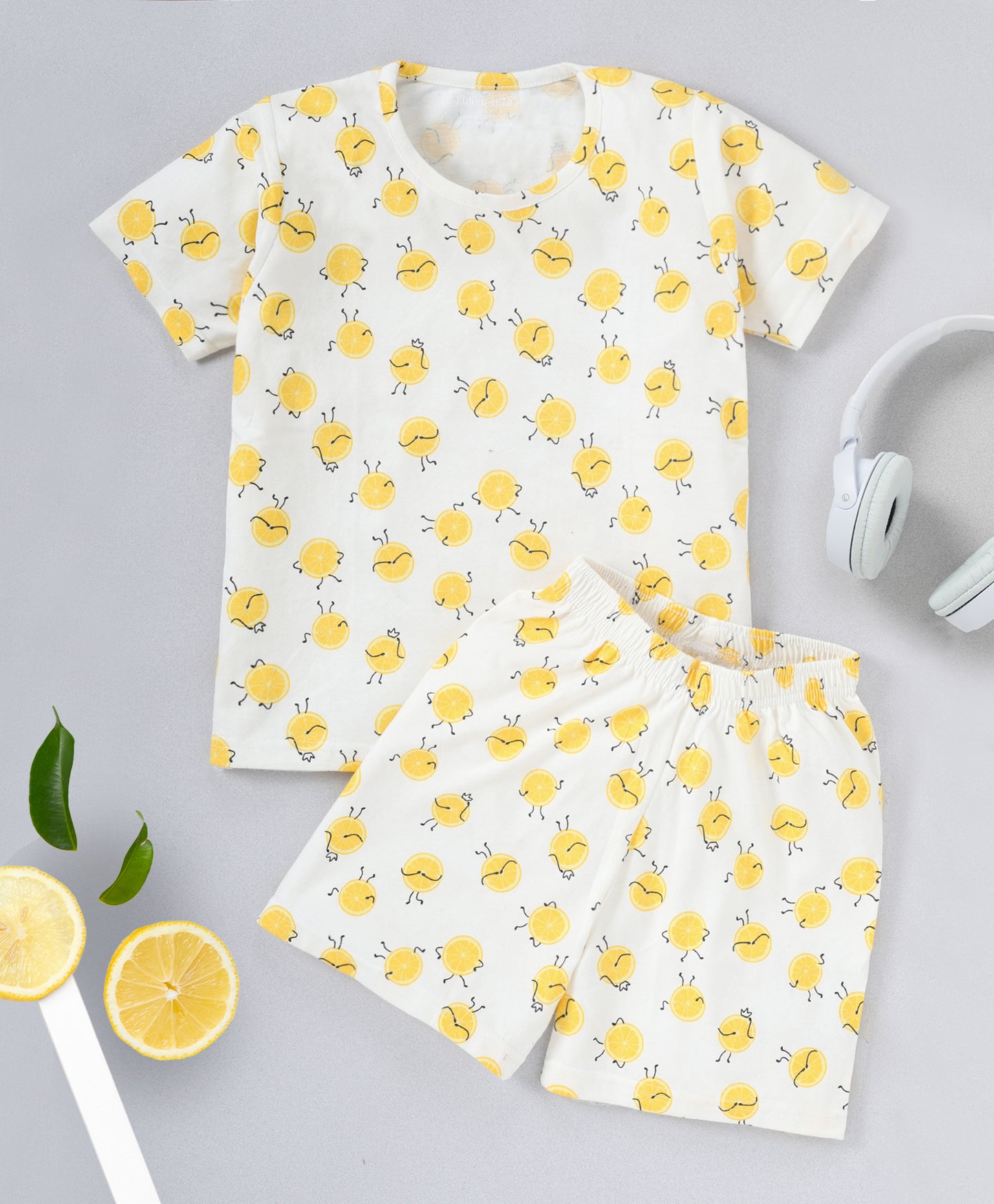 White & Yellow Pure Cotton Half Sleeves Heart & Lemon Printed Shorts Set for Girls - Pack of 2