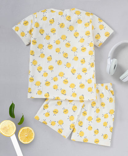 White & Yellow Pure Cotton Half Sleeves Heart & Lemon Printed Shorts Set for Girls - Pack of 2