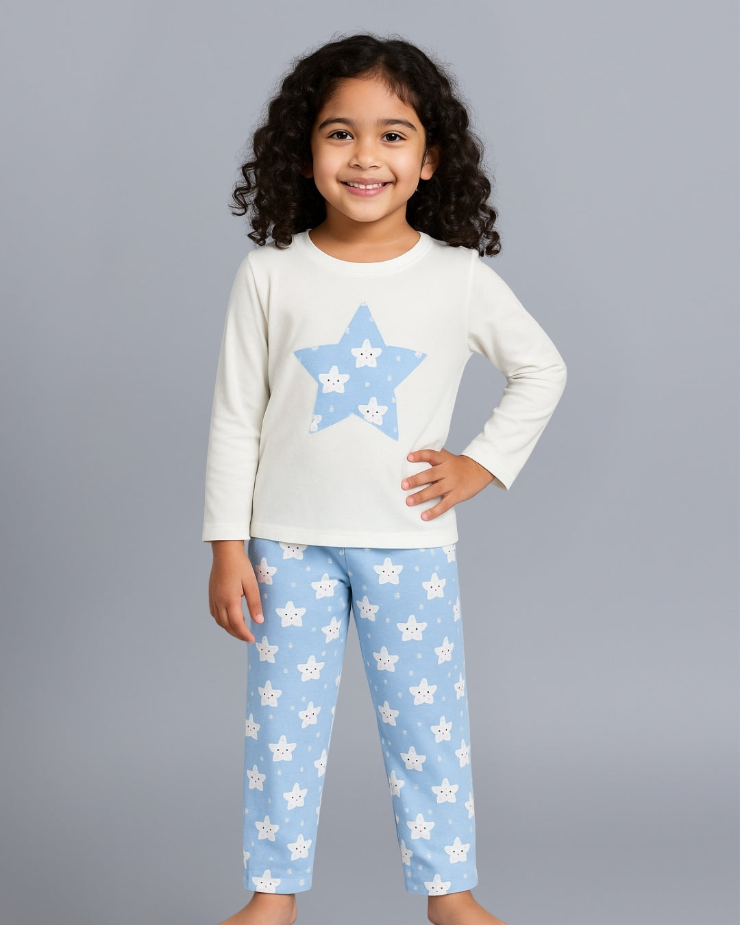 Star Printed Premium Cotton Full Sleeves White T-Shirt with Blue Pyjama for Boys & Girls
