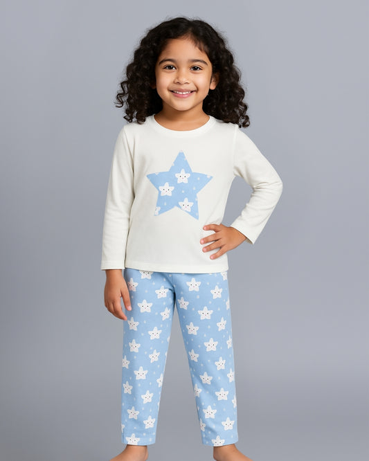 Star Printed Premium Cotton Full Sleeves White T-Shirt with Blue Pyjama for Boys & Girls