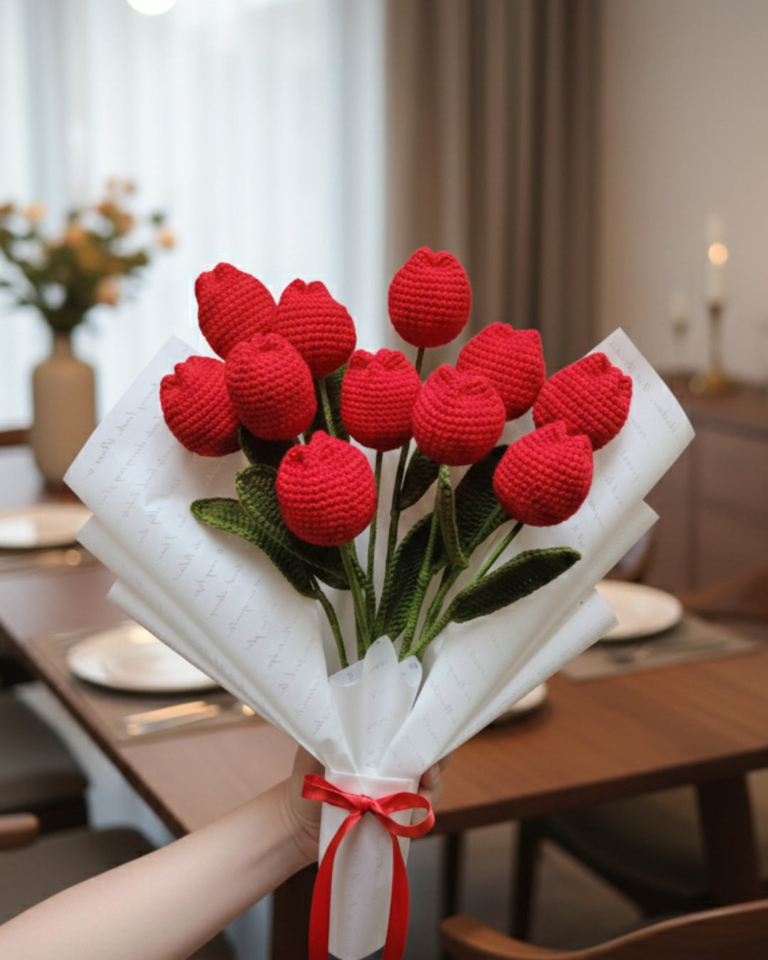 Handmade Crochet Red Tulip Jumbo Bouquet