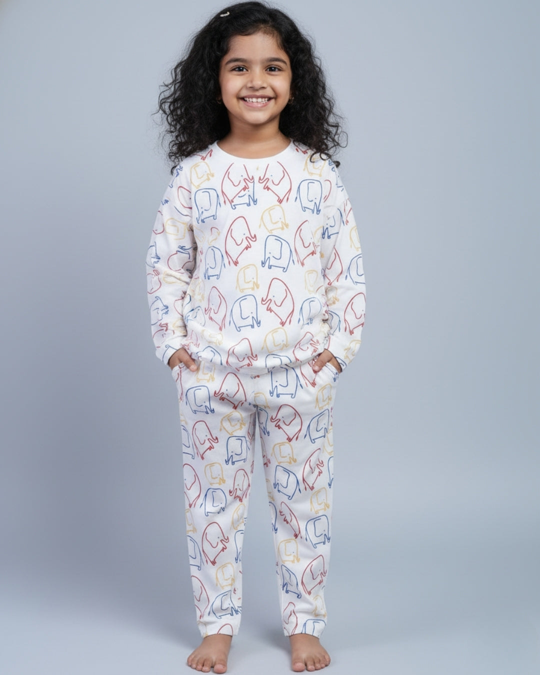 Elephant Printed Premium Cotton Full Sleeves Multicolor T-Shirt & Pyjama Set for Boys & Girls