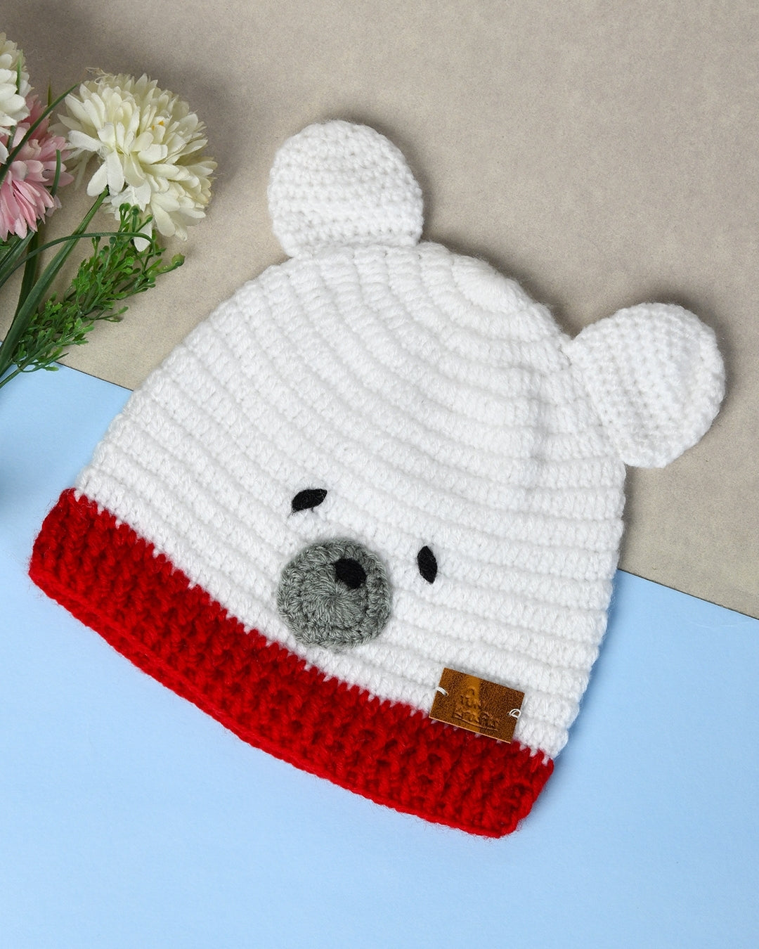 White & Red Self Design Beanie Handmade Knitted Woollen Cap for Kids