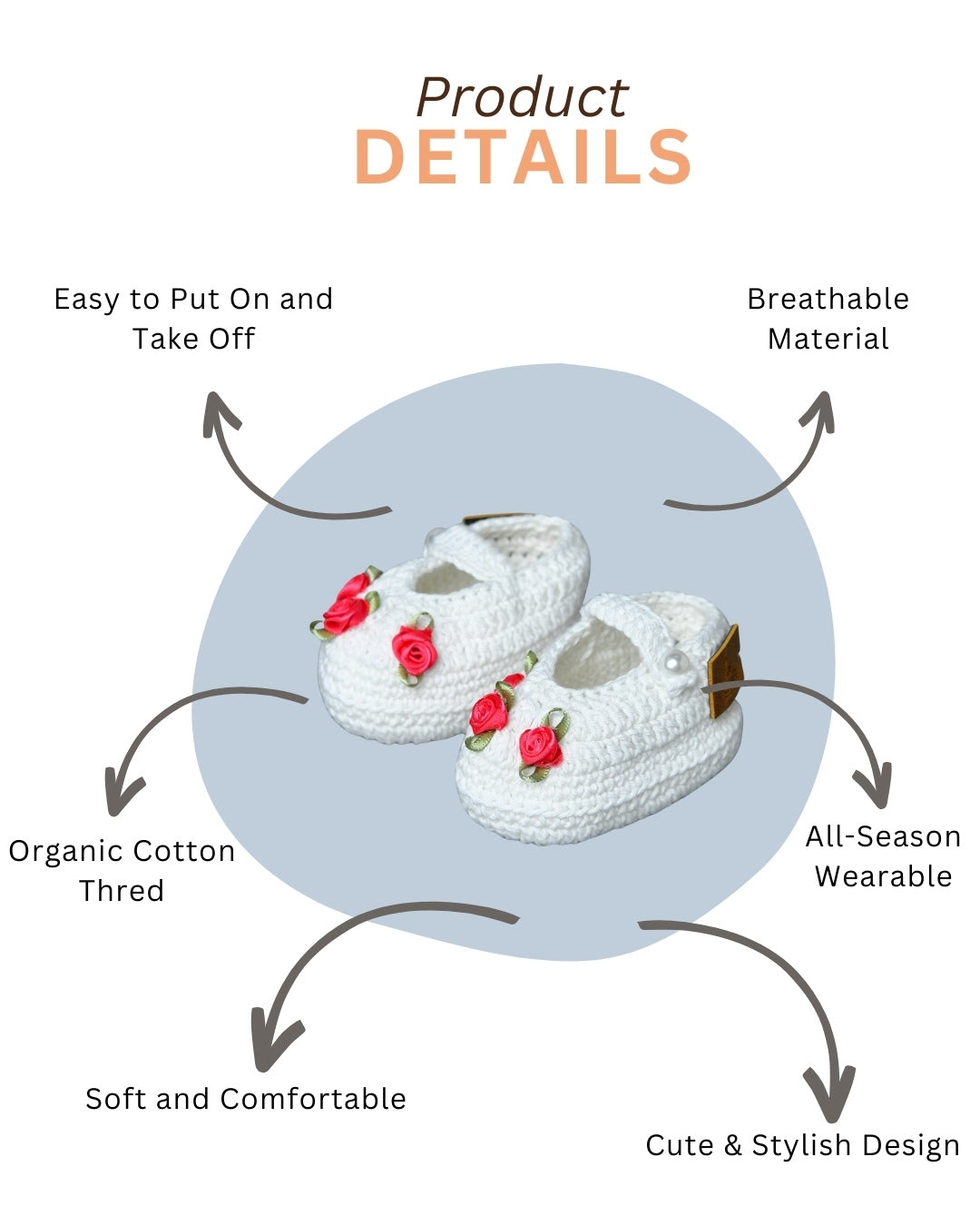 White Handmade Organic Thread Crochet Booties with Pink Floral Embellishment for Girls