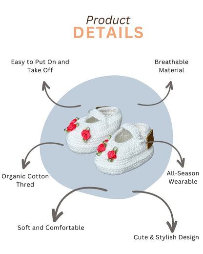 White Handmade Organic Thread Crochet Booties with Pink Floral Embellishment for Girls