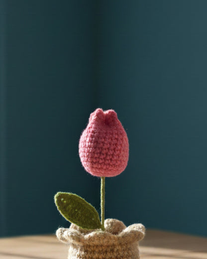 Handmade Crochet Pink Tulip in Decorative Pot