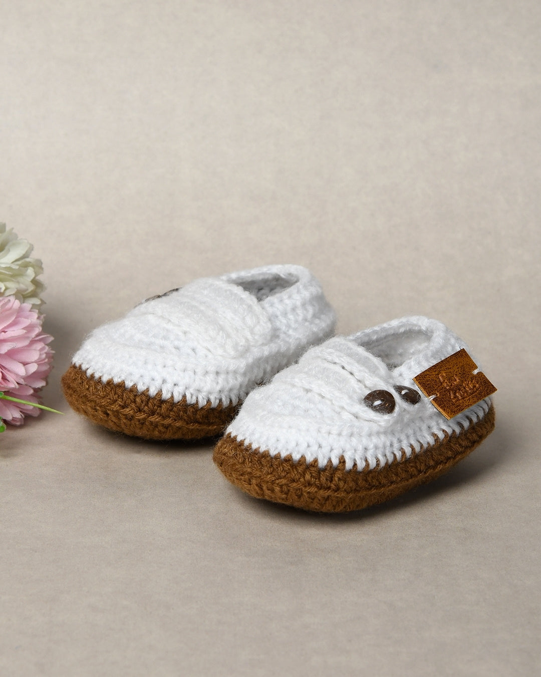 White & Brown Handmade Woollen Baby Booties