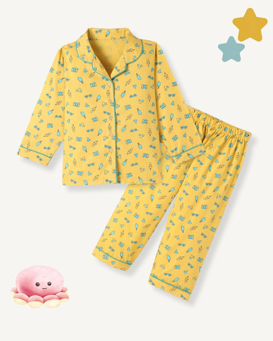 Yellow Premium Cotton Full Sleeves Printed Collar Style Pyjama & T-Shirt Set for Boys & Girls