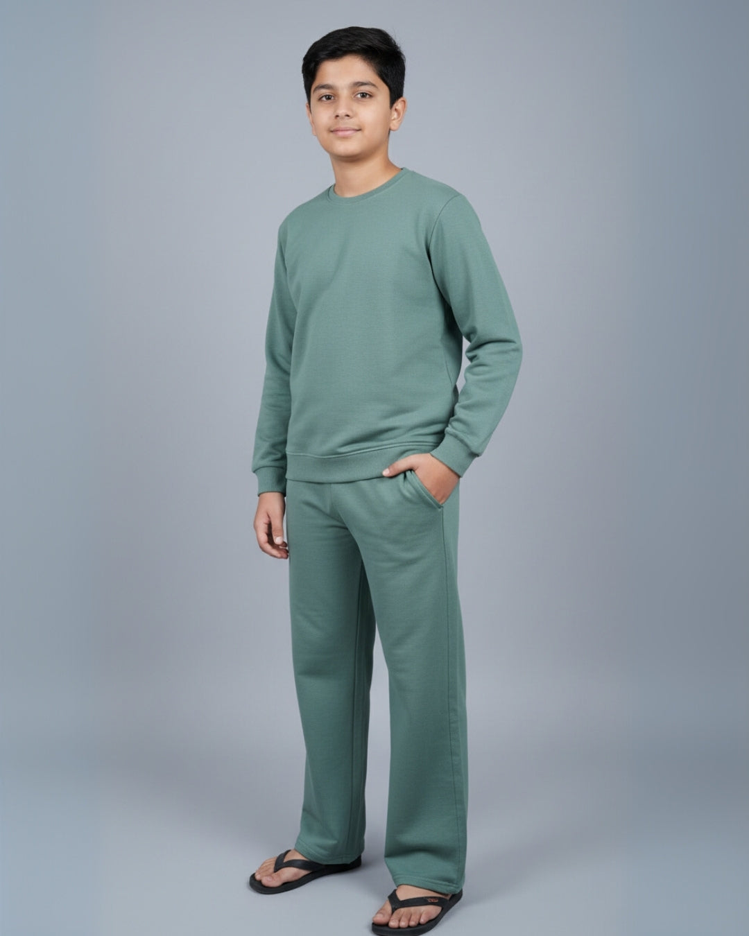 Green Premium Cotton Full Sleeves Solid Jogger Set for Boys
