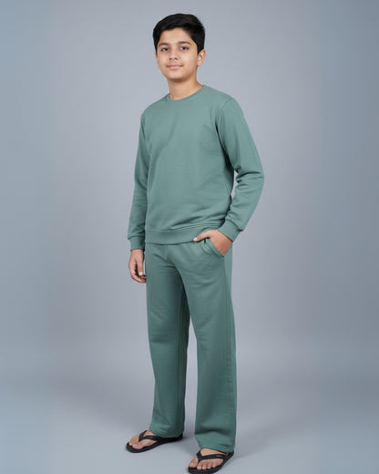 Green Premium Cotton Full Sleeves Solid Jogger Set for Boys