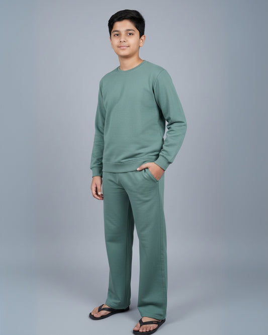 Green Premium Cotton Full Sleeves Solid Jogger Set for Boys