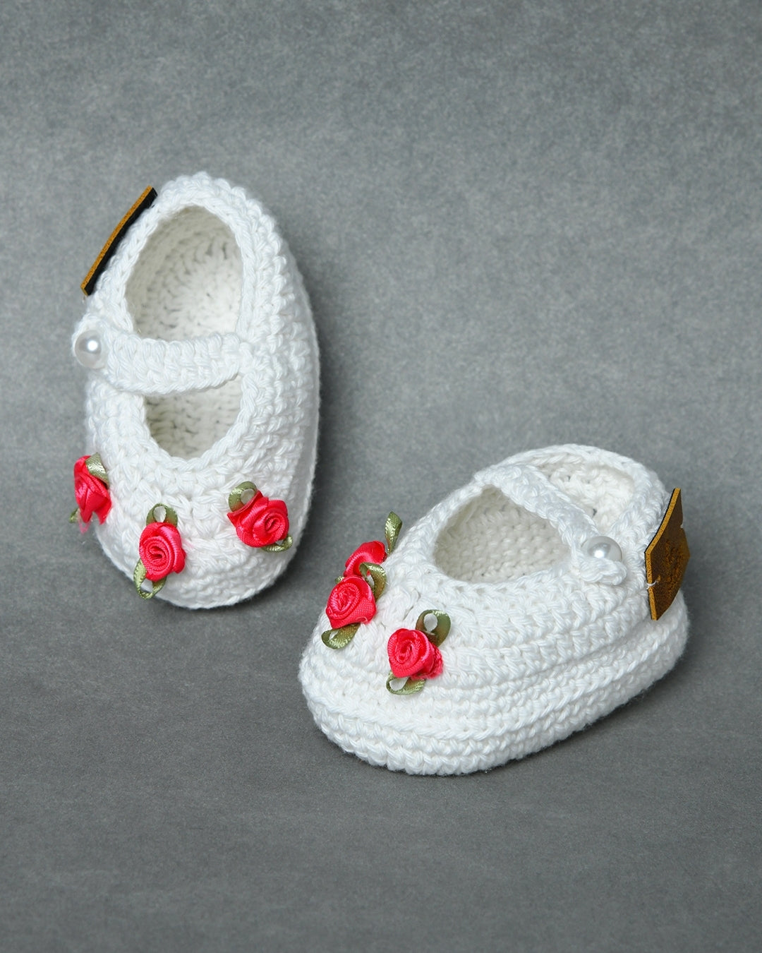 White Handmade Organic Thread Crochet Booties with Pink Floral Embellishment for Girls