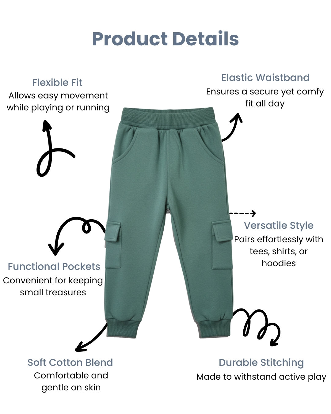 Green Loop Knit Cotton Cargo Jogger with Pockets for Boys & Girls