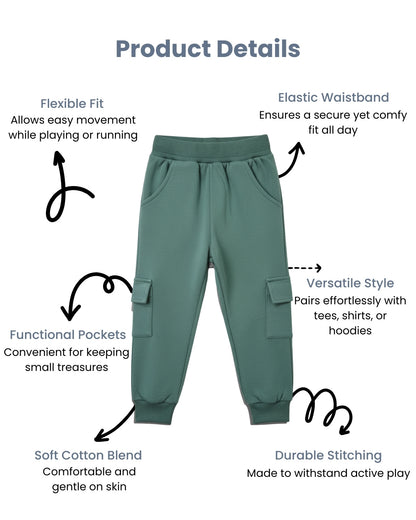 Green Loop Knit Cotton Cargo Jogger with Pockets for Boys & Girls