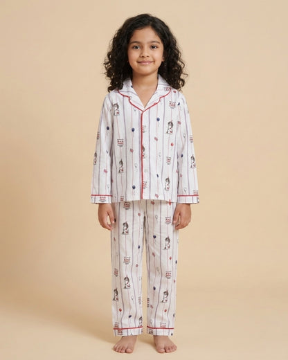 White Puppy Printed Pure Cotton Night Suit for Kids
