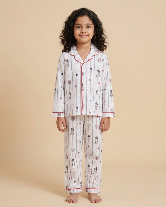 White Puppy Printed Pure Cotton Night Suit for Kids