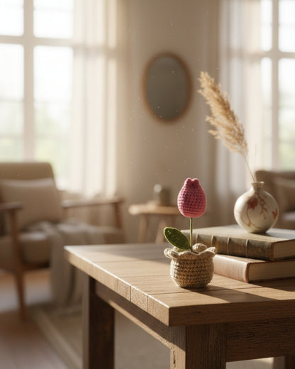 Handmade Crochet Pink Tulip in Decorative Pot