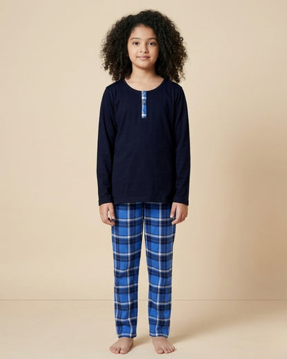 Blue Checks Printed Cotton Nightwear for Girls