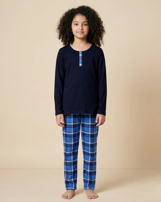 Blue Checks Printed Cotton Nightwear for Girls