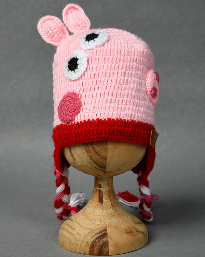 Pink Self Design Beanie Handmade Knitted Woollen Cap for Girls